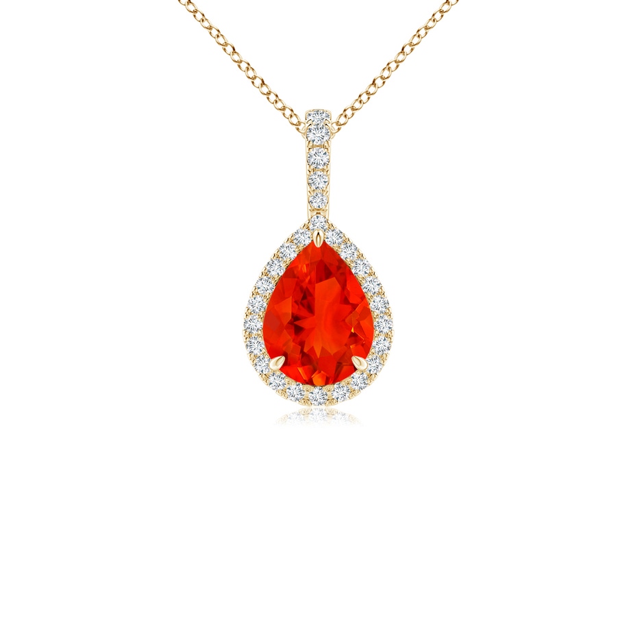 8x6mm AAAA Fire Opal Teardrop Pendant with Diamond Halo in Yellow Gold 