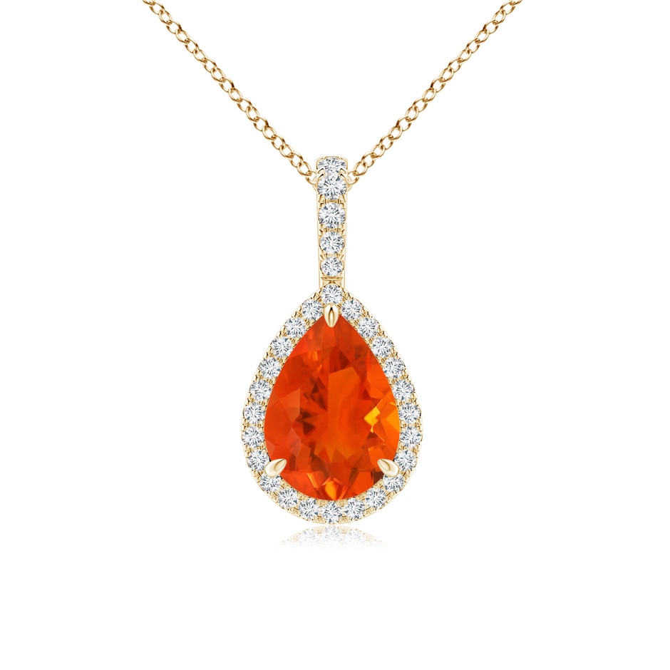 9x6mm AAA Fire Opal Teardrop Pendant with Diamond Halo in Yellow Gold 