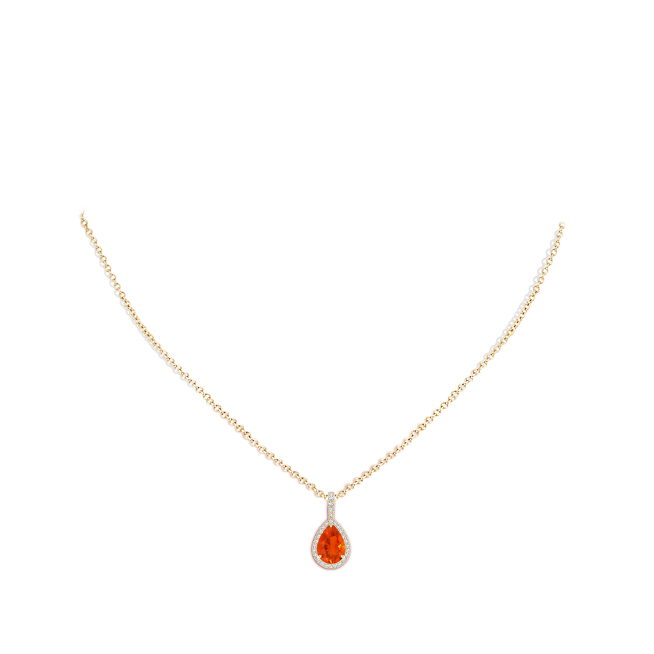 9x6mm AAA Fire Opal Teardrop Pendant with Diamond Halo in Yellow Gold body-neck