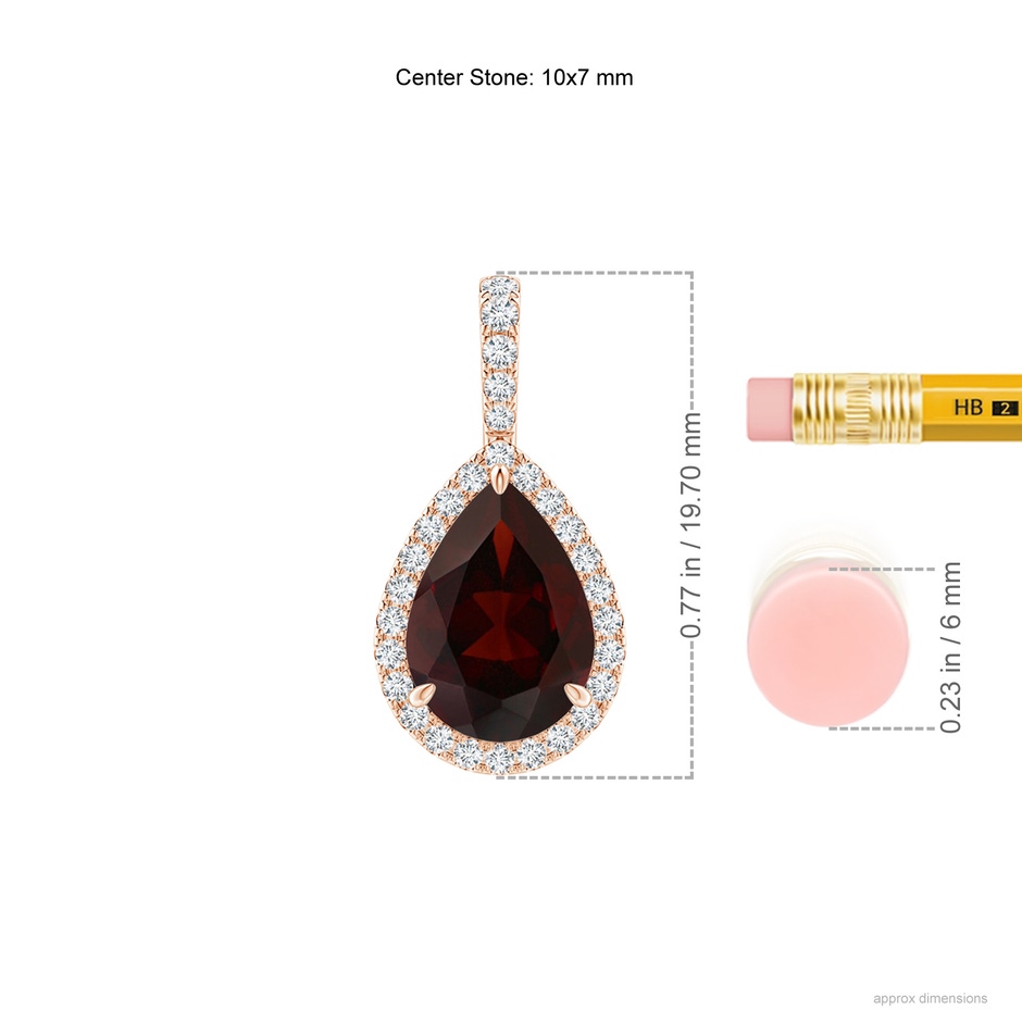 10x7mm A Garnet Teardrop Pendant with Diamond Halo in Rose Gold ruler