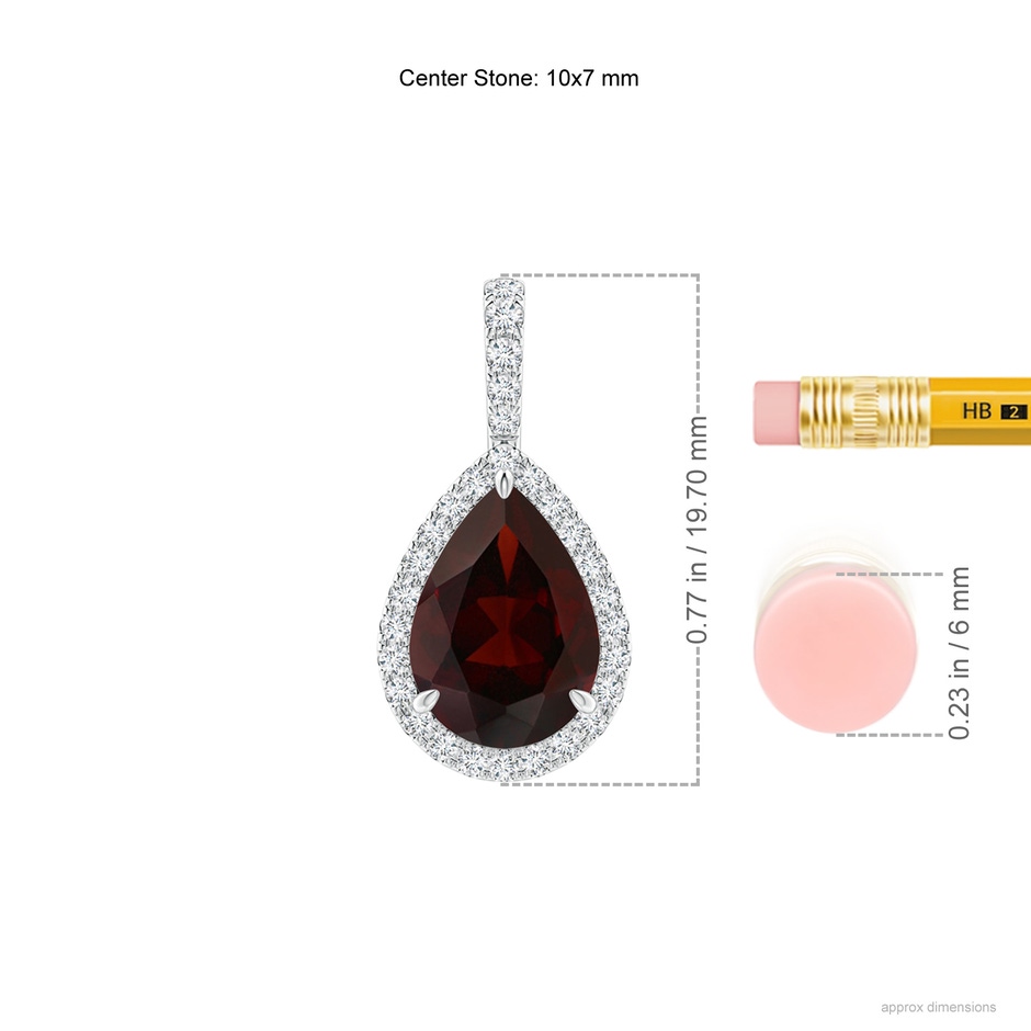 10x7mm A Garnet Teardrop Pendant with Diamond Halo in White Gold ruler