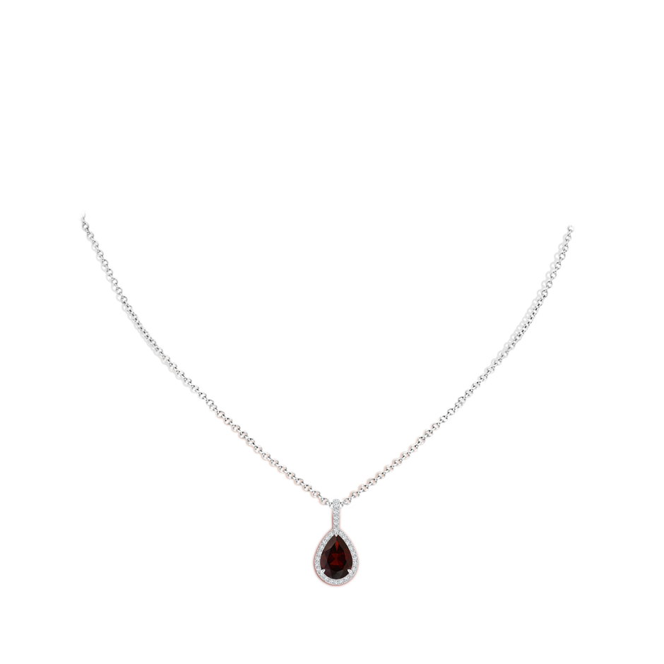 10x7mm A Garnet Teardrop Pendant with Diamond Halo in White Gold body-neck