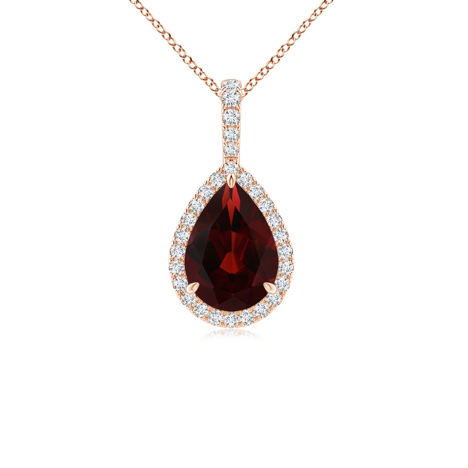 10x7mm AA Garnet Teardrop Pendant with Diamond Halo in Rose Gold 