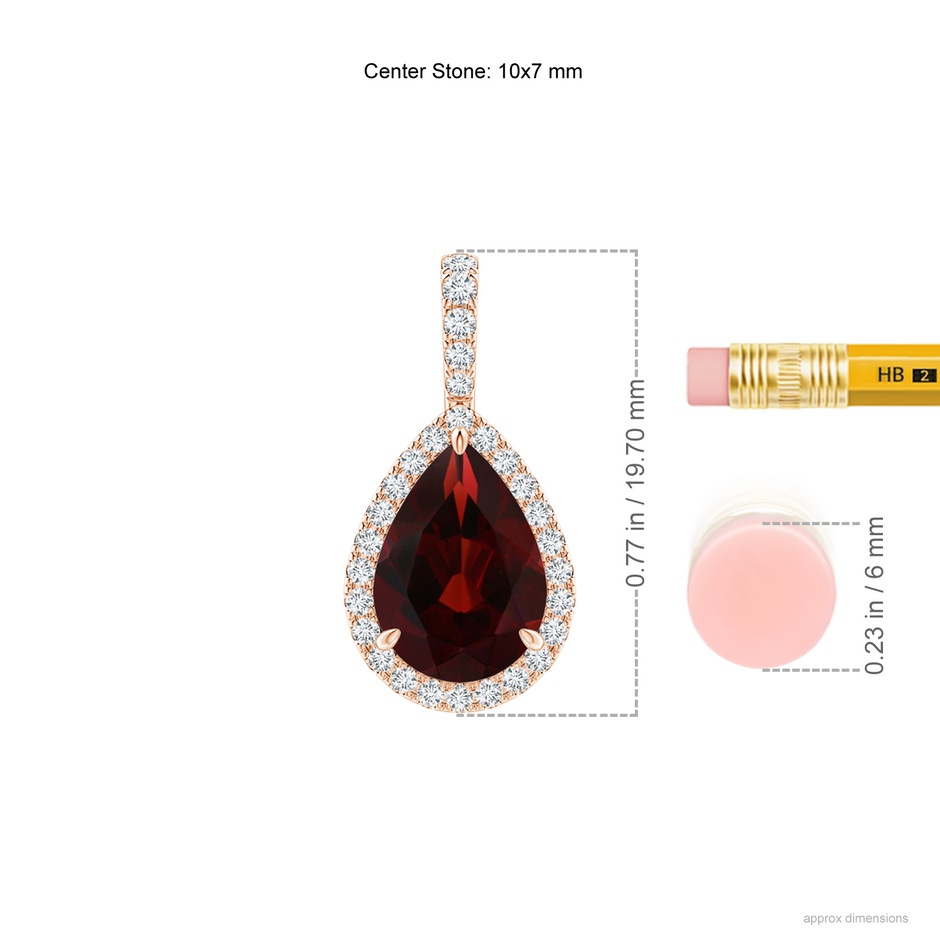 10x7mm AA Garnet Teardrop Pendant with Diamond Halo in Rose Gold ruler
