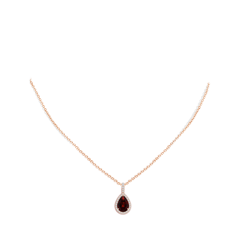 10x7mm AA Garnet Teardrop Pendant with Diamond Halo in Rose Gold body-neck