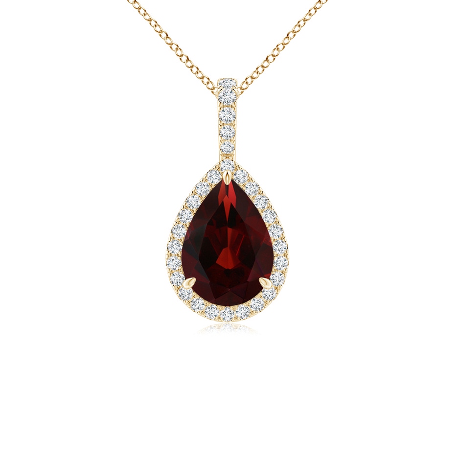 10x7mm AA Claw-Set Garnet Teardrop Halo Pendant in Yellow Gold 