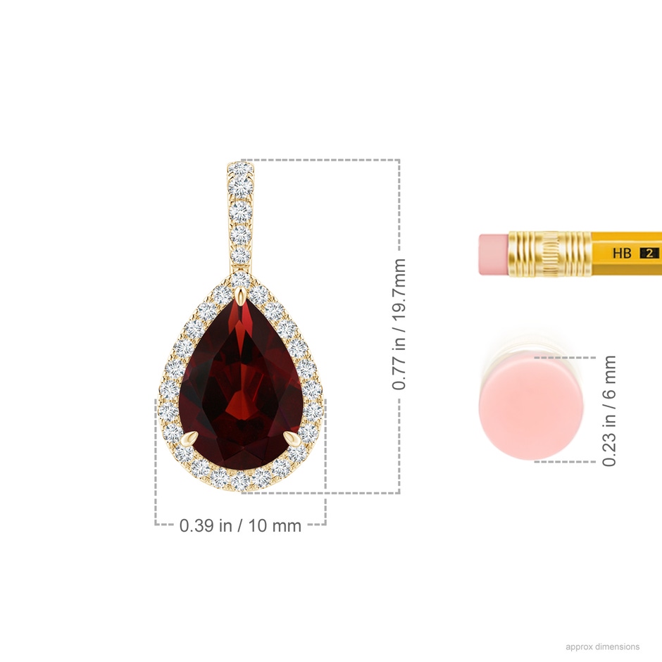 10x7mm AA Claw-Set Garnet Teardrop Halo Pendant in Yellow Gold ruler