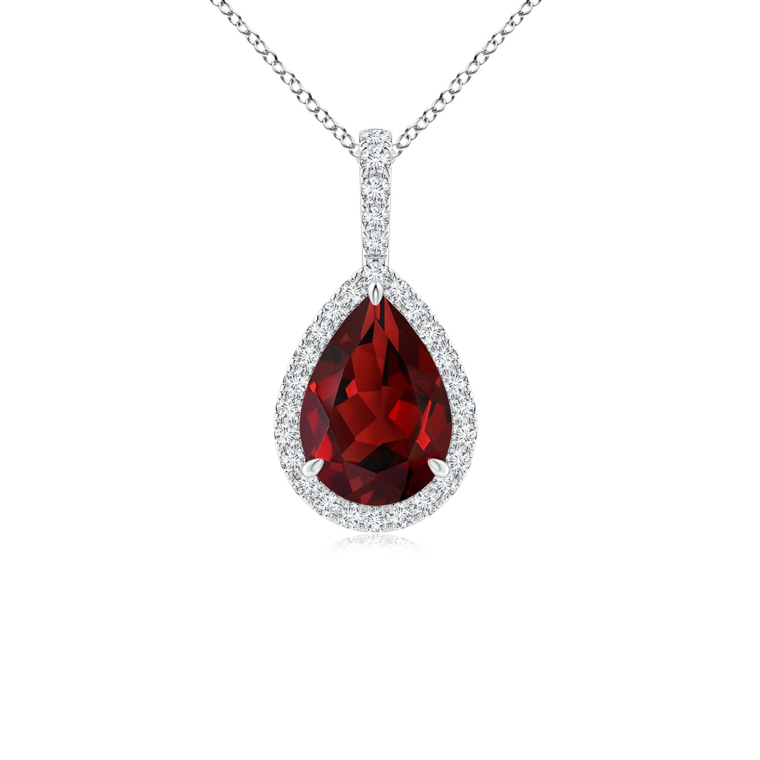 10x7mm AAAA Claw-Set Garnet Teardrop Halo Pendant in 18K White Gold
