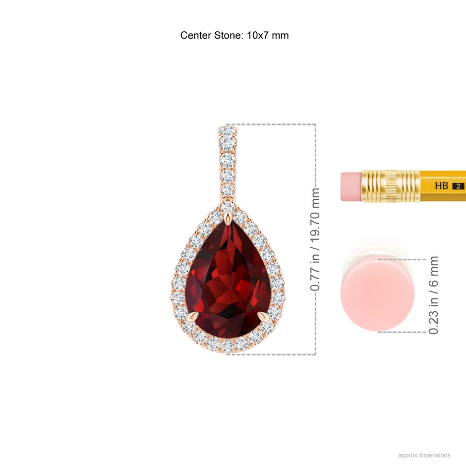 10x7mm AAAA Garnet Teardrop Pendant with Diamond Halo in Rose Gold ruler