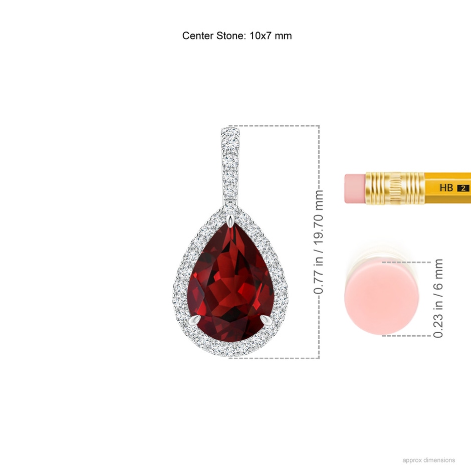 10x7mm AAAA Garnet Teardrop Pendant with Diamond Halo in White Gold ruler