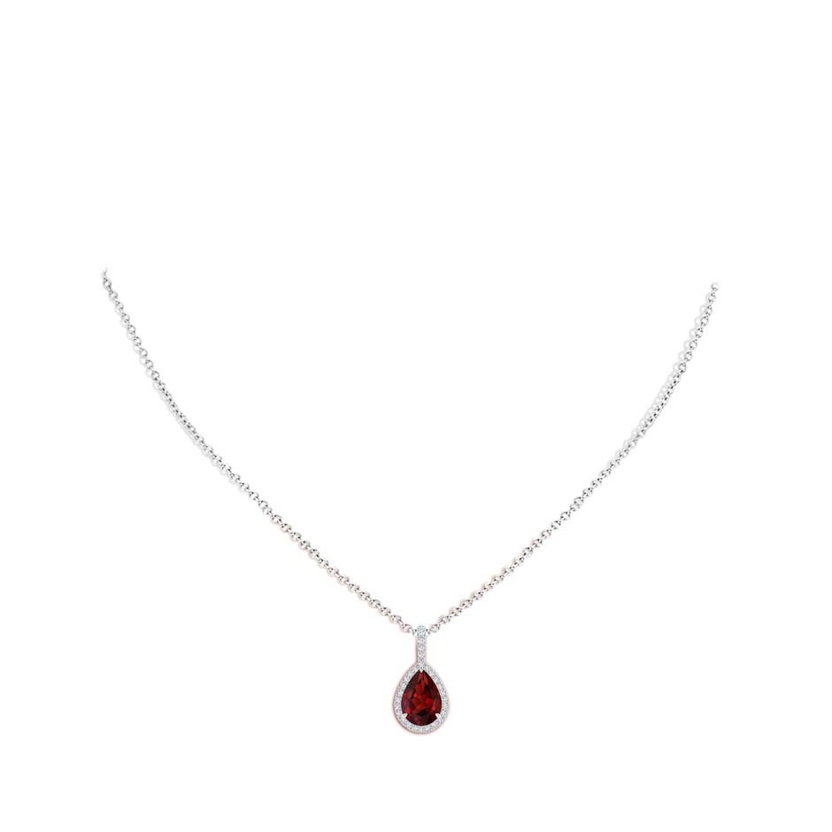 10x7mm AAAA Garnet Teardrop Pendant with Diamond Halo in White Gold body-neck