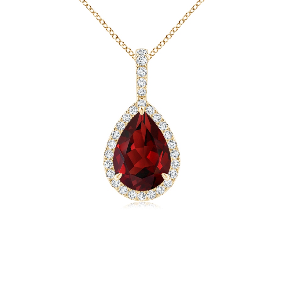 10x7mm AAAA Garnet Teardrop Pendant with Diamond Halo in Yellow Gold 