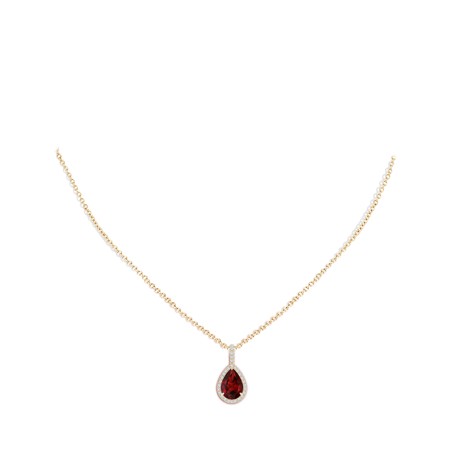 10x7mm AAAA Garnet Teardrop Pendant with Diamond Halo in Yellow Gold body-neck