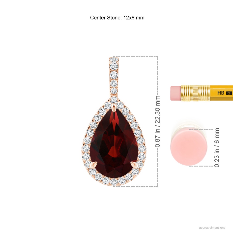 12x8mm AA Garnet Teardrop Pendant with Diamond Halo in Rose Gold ruler
