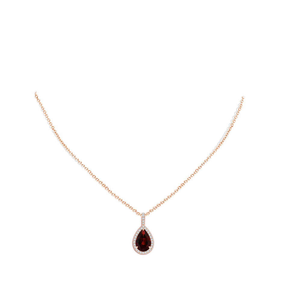 12x8mm AA Garnet Teardrop Pendant with Diamond Halo in Rose Gold body-neck