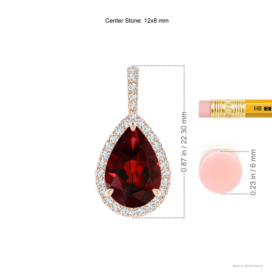 12x8mm AAA Garnet Teardrop Pendant with Diamond Halo in Rose Gold ruler