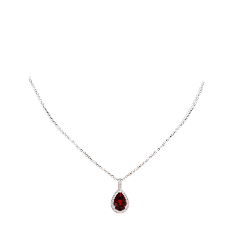 12x8mm AAA Garnet Teardrop Pendant with Diamond Halo in White Gold body-neck