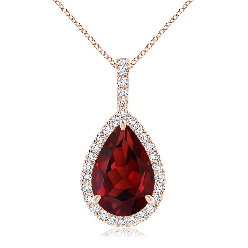 12x8mm AAAA Garnet Teardrop Pendant with Diamond Halo in Rose Gold 