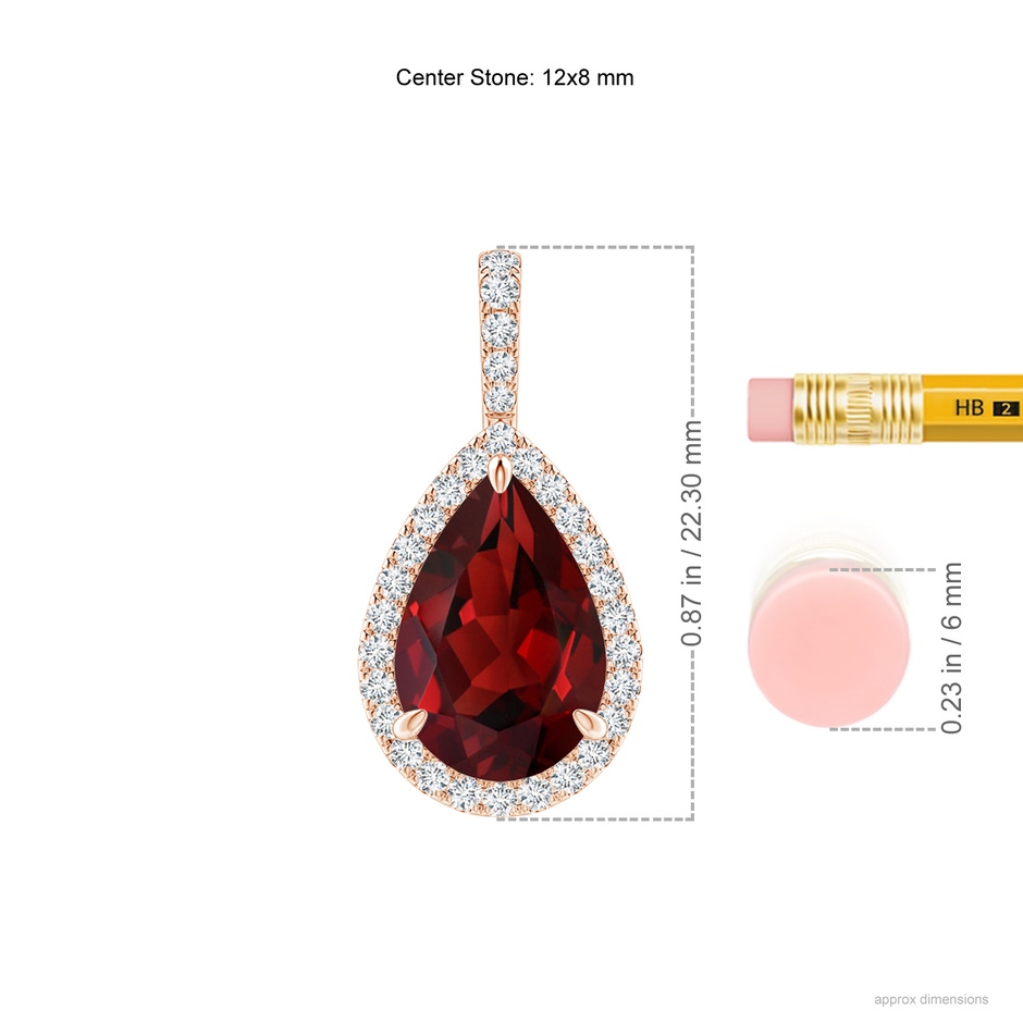 12x8mm AAAA Garnet Teardrop Pendant with Diamond Halo in Rose Gold ruler
