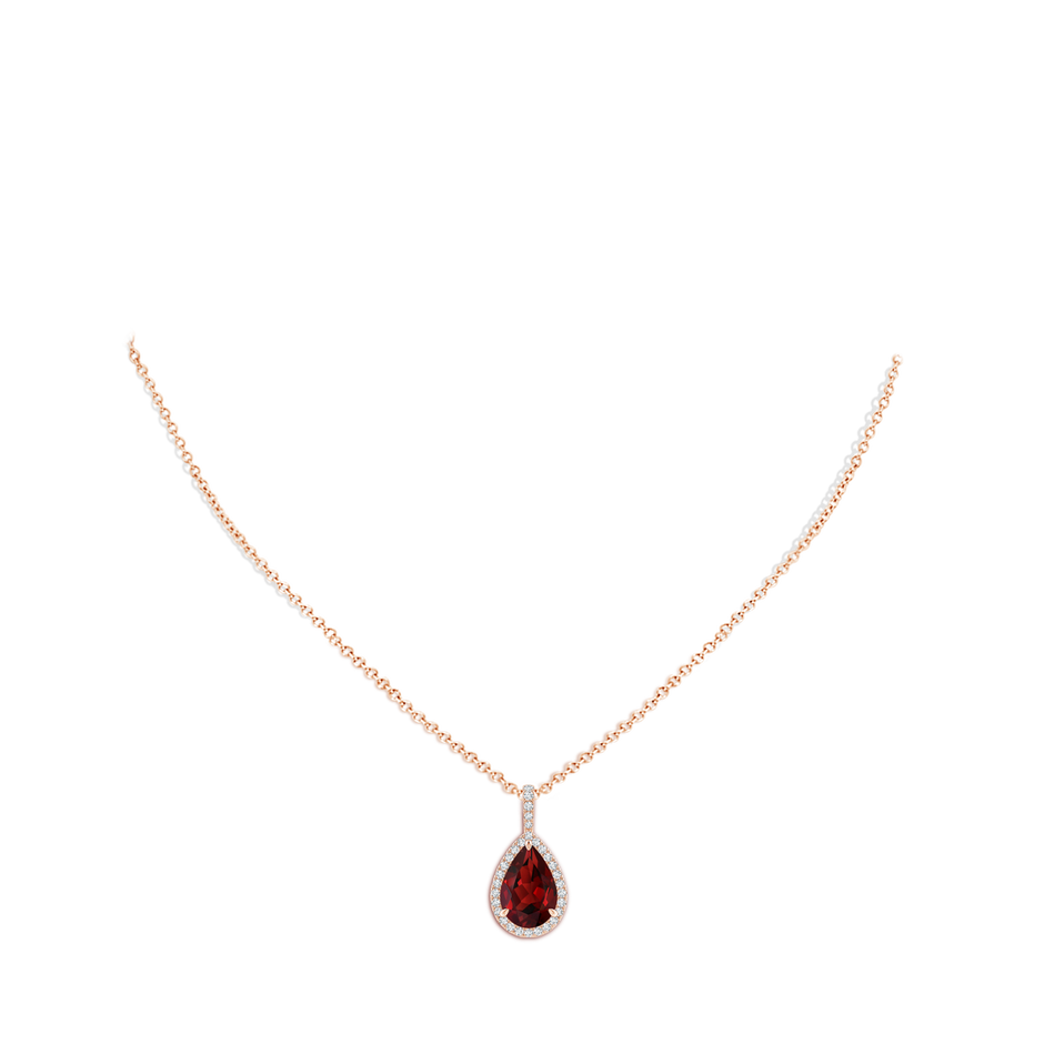 12x8mm AAAA Garnet Teardrop Pendant with Diamond Halo in Rose Gold body-neck