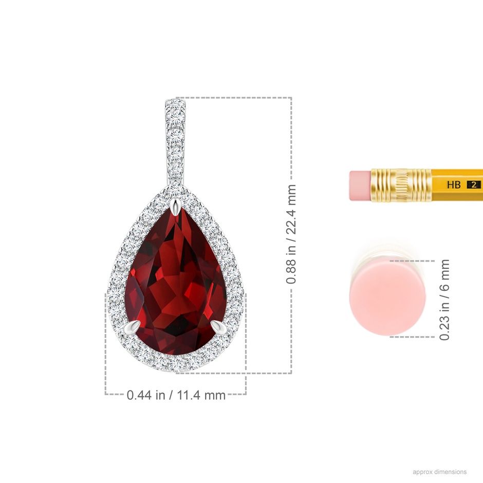 12x8mm AAAA Claw-Set Garnet Teardrop Halo Pendant in White Gold ruler