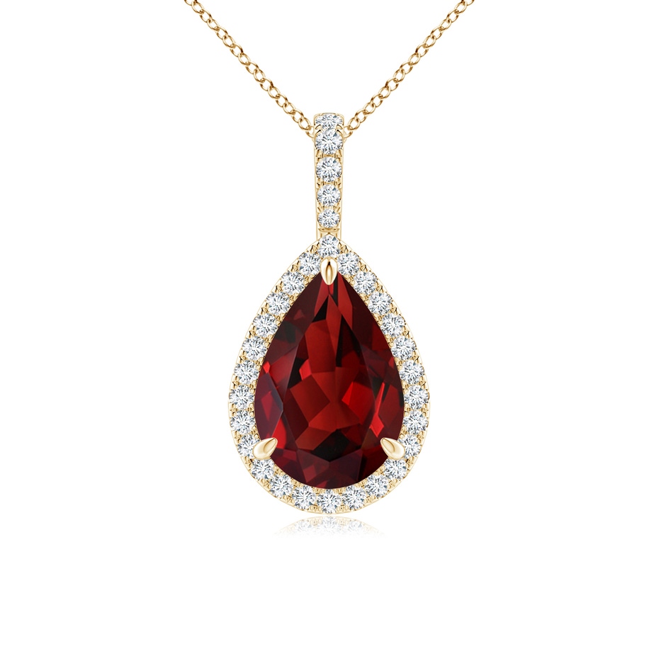 12x8mm AAAA Garnet Teardrop Pendant with Diamond Halo in Yellow Gold 
