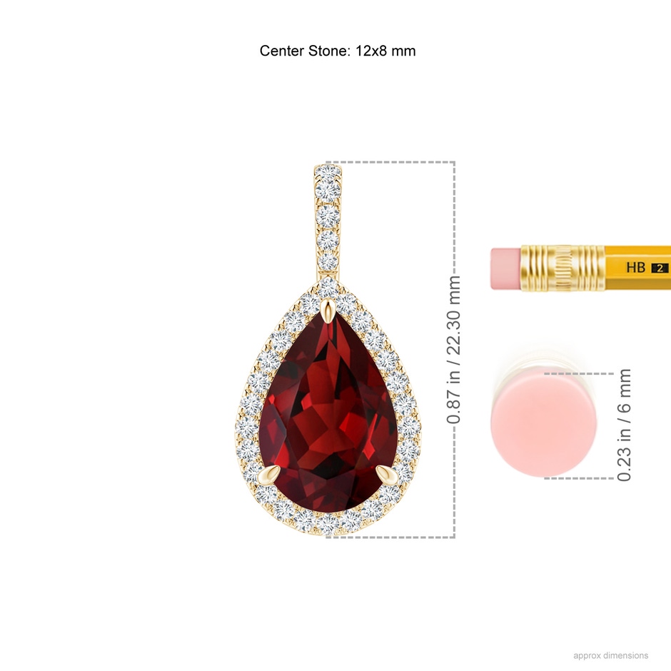 12x8mm AAAA Garnet Teardrop Pendant with Diamond Halo in Yellow Gold ruler