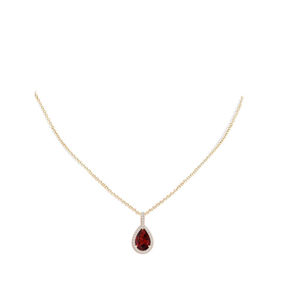 12x8mm AAAA Garnet Teardrop Pendant with Diamond Halo in Yellow Gold body-neck