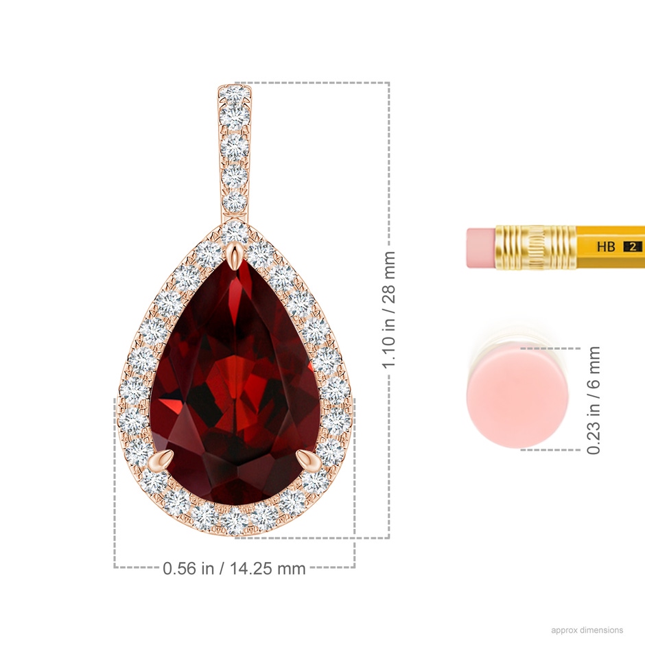 15x10mm AAA Claw-Set Garnet Teardrop Halo Pendant in Rose Gold ruler