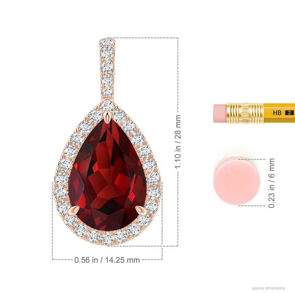 15x10mm AAAA Claw-Set Garnet Teardrop Halo Pendant in Rose Gold ruler