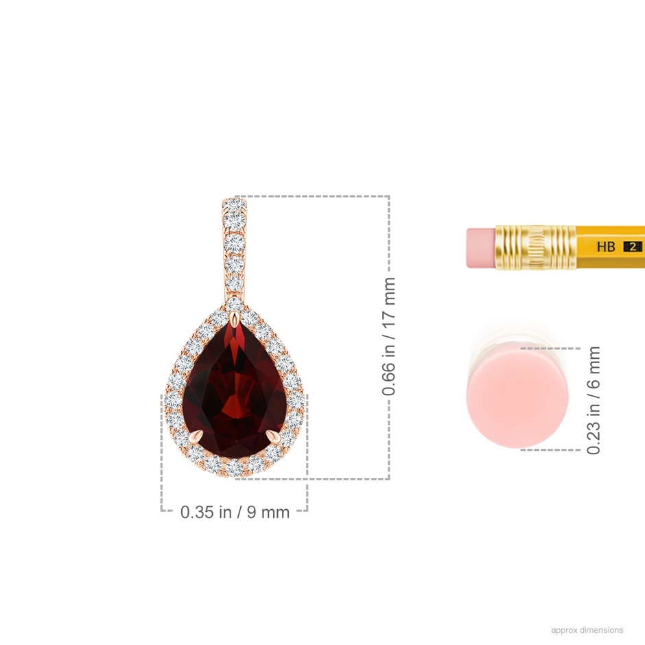 8x6mm AA Claw-Set Garnet Teardrop Halo Pendant in Rose Gold ruler