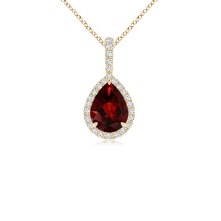 8x6mm AAA Claw-Set Garnet Teardrop Halo Pendant in Yellow Gold