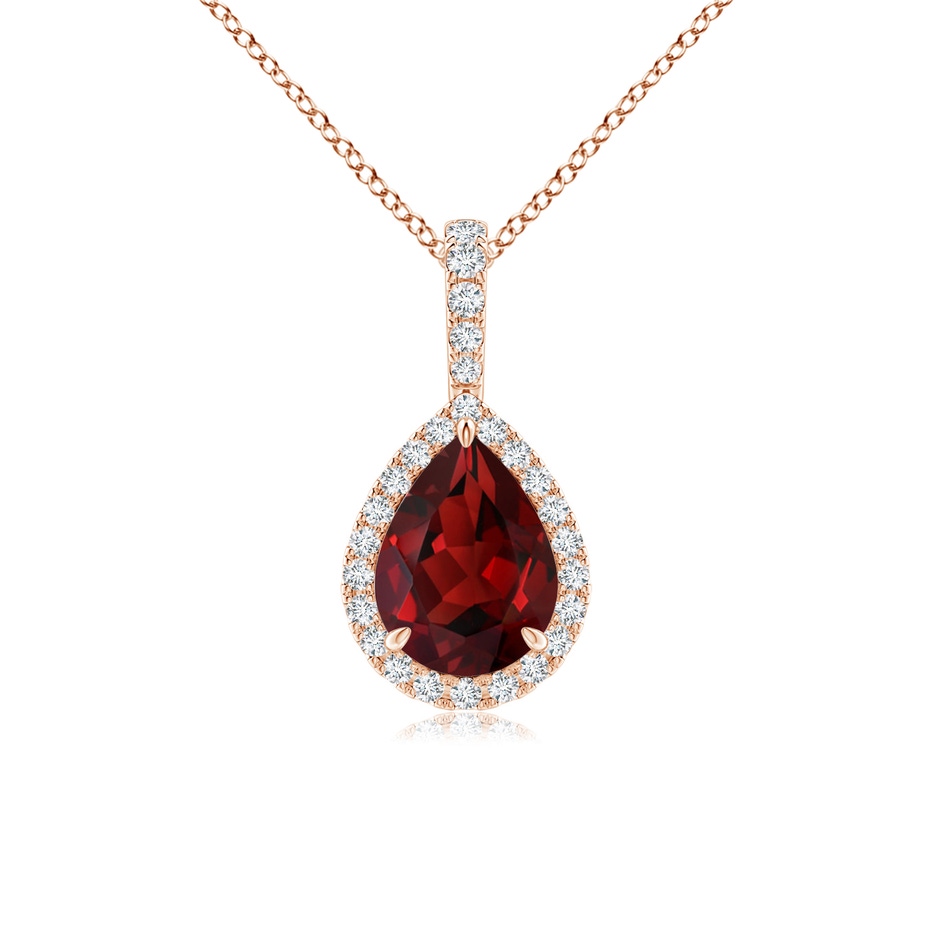 8x6mm AAAA Garnet Teardrop Pendant with Diamond Halo in Rose Gold 