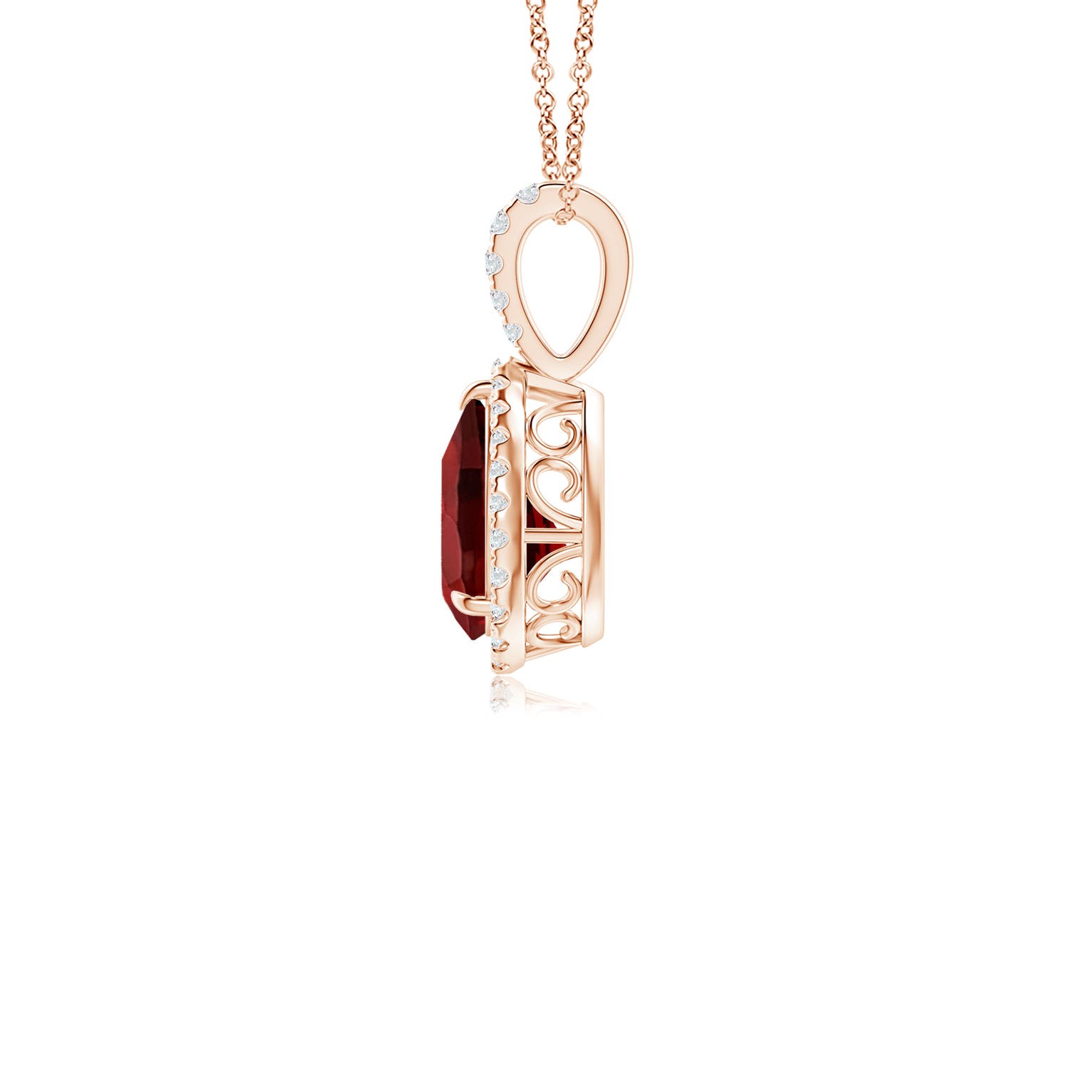 8x6mm AAAA Claw-Set Garnet Teardrop Halo Pendant in Rose Gold