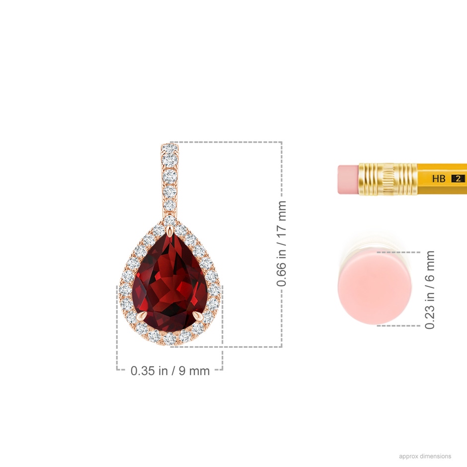 8x6mm AAAA Claw-Set Garnet Teardrop Halo Pendant in Rose Gold ruler