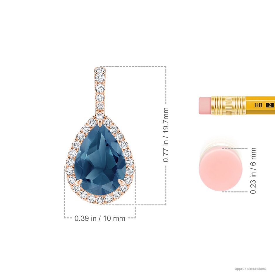 10x7mm A Claw-Set London Blue Topaz Teardrop Halo Pendant in Rose Gold ruler