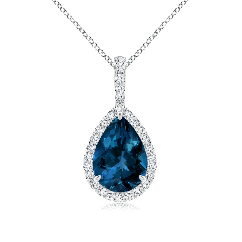 10x7mm AAAA London Blue Topaz Teardrop Pendant with Diamond Halo in P950 Platinum