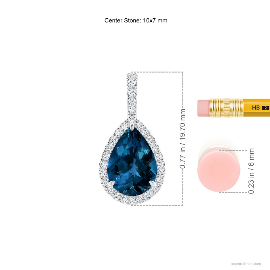 10x7mm AAAA London Blue Topaz Teardrop Pendant with Diamond Halo in White Gold ruler