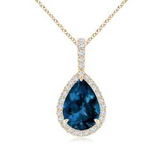 10x7mm AAAA London Blue Topaz Teardrop Pendant with Diamond Halo in Yellow Gold