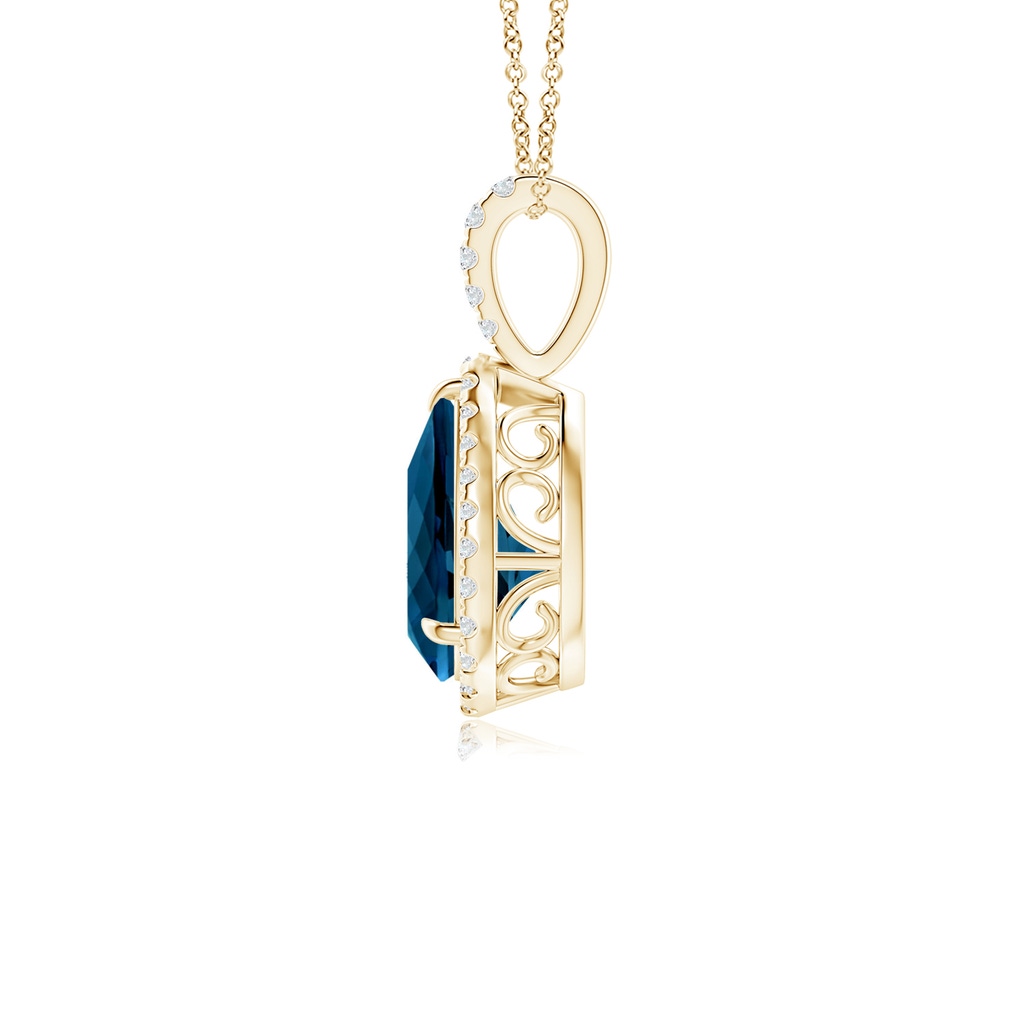 10x7mm AAAA Claw-Set London Blue Topaz Teardrop Halo Pendant in Yellow Gold - side 199