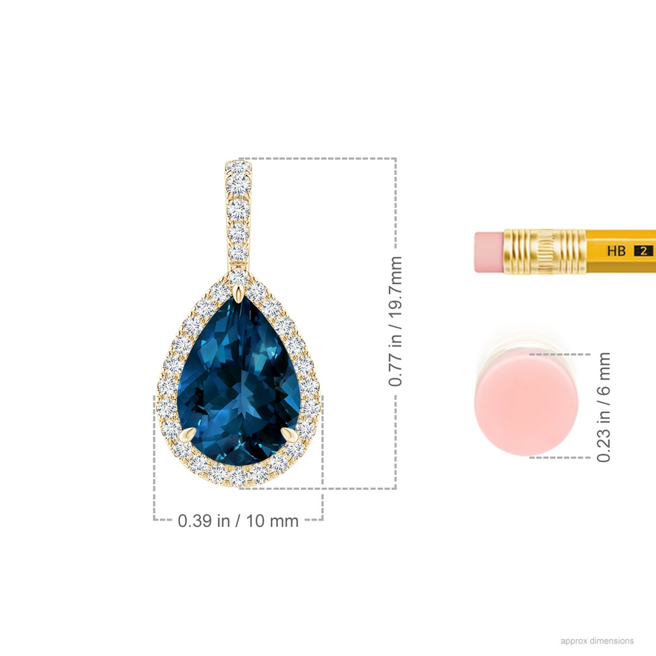 10x7mm AAAA Claw-Set London Blue Topaz Teardrop Halo Pendant in Yellow Gold ruler