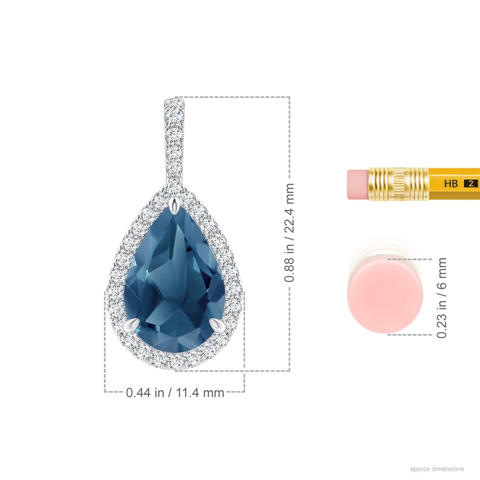 12x8mm A Claw-Set London Blue Topaz Teardrop Halo Pendant in P950 Platinum ruler