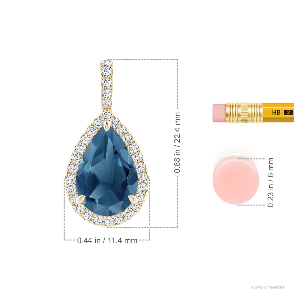 12x8mm A Claw-Set London Blue Topaz Teardrop Halo Pendant in Yellow Gold ruler