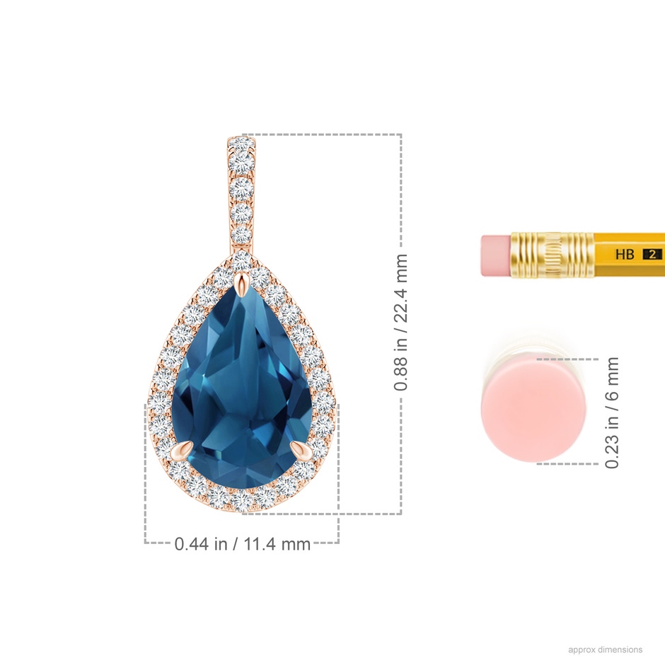 12x8mm AA Claw-Set London Blue Topaz Teardrop Halo Pendant in Rose Gold ruler