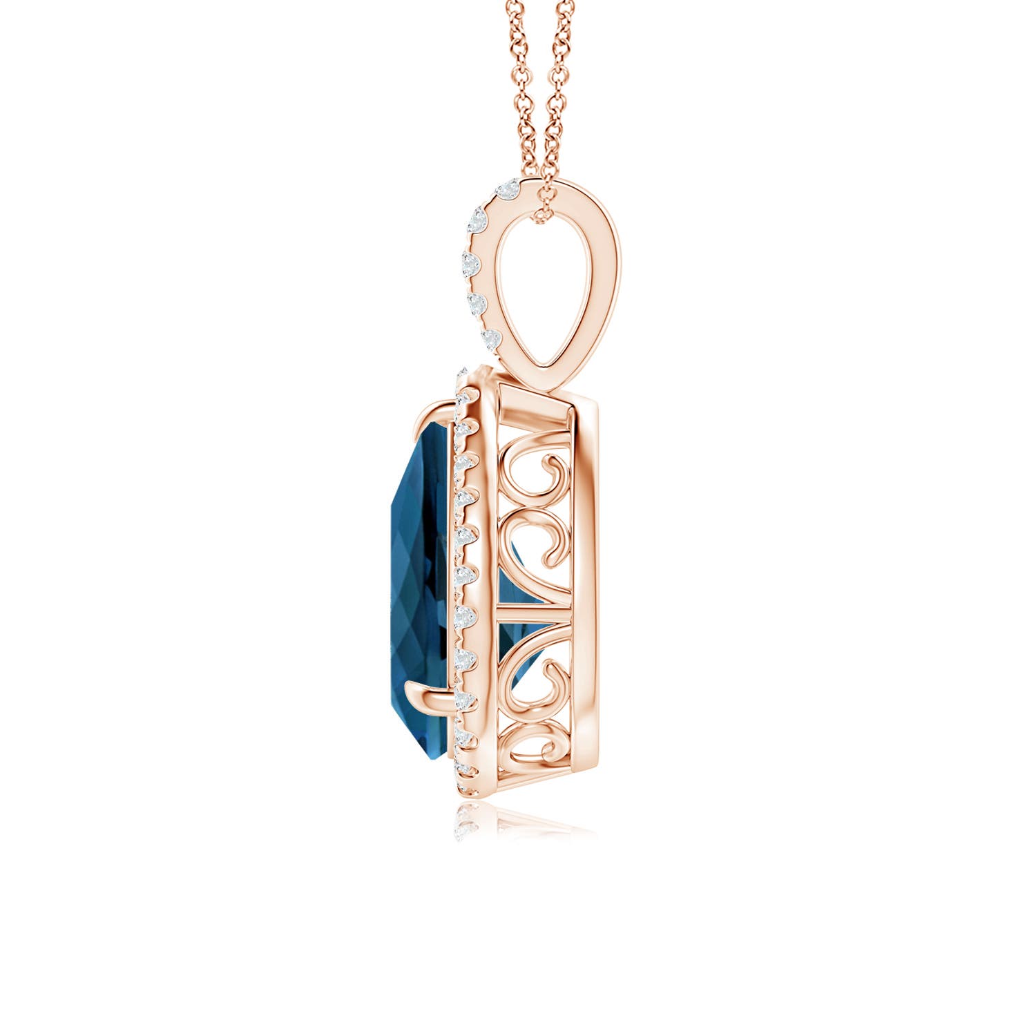 12x8mm AAA Claw-Set London Blue Topaz Teardrop Halo Pendant in Rose Gold