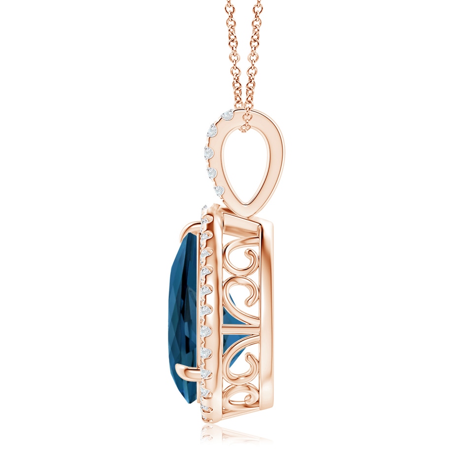 12x8mm AAA London Blue Topaz Teardrop Pendant with Diamond Halo in Rose Gold side 199