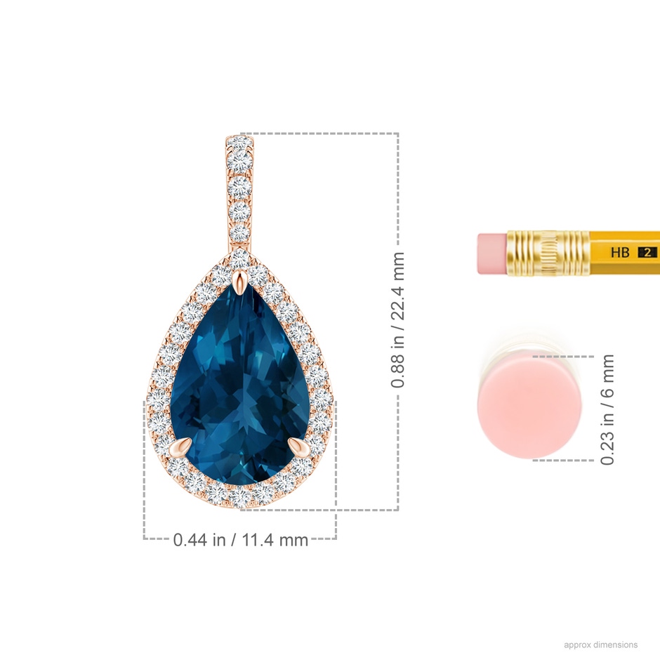 12x8mm AAA London Blue Topaz Teardrop Pendant with Diamond Halo in Rose Gold ruler