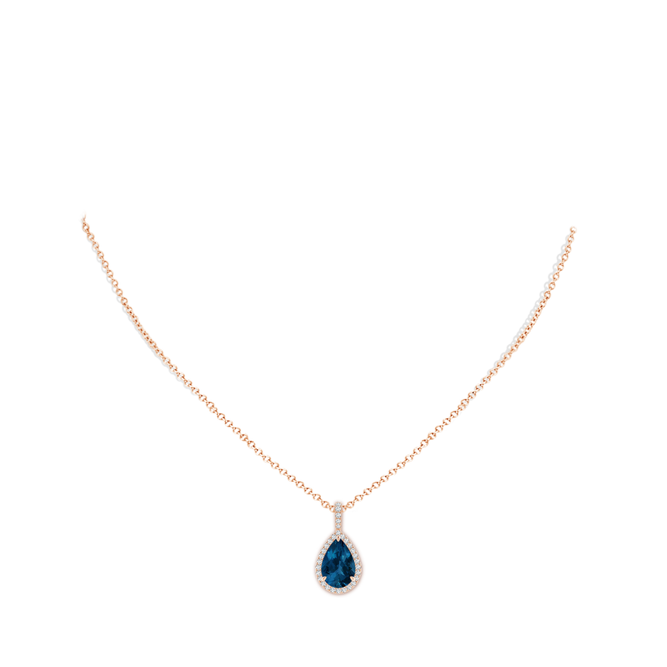 12x8mm AAA London Blue Topaz Teardrop Pendant with Diamond Halo in Rose Gold pen