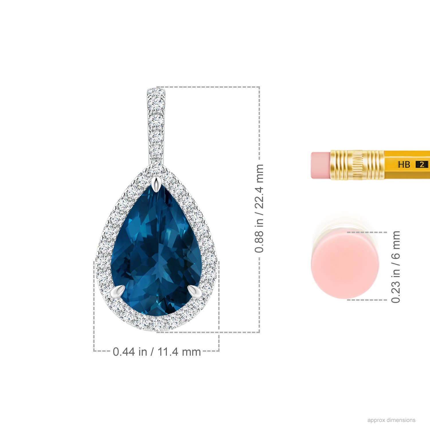 12x8mm AAA Claw-Set London Blue Topaz Teardrop Halo Pendant in White Gold - ruler