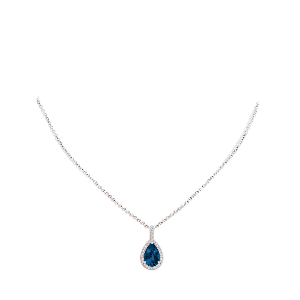 12x8mm AAA London Blue Topaz Teardrop Pendant with Diamond Halo in White Gold Body-Neck